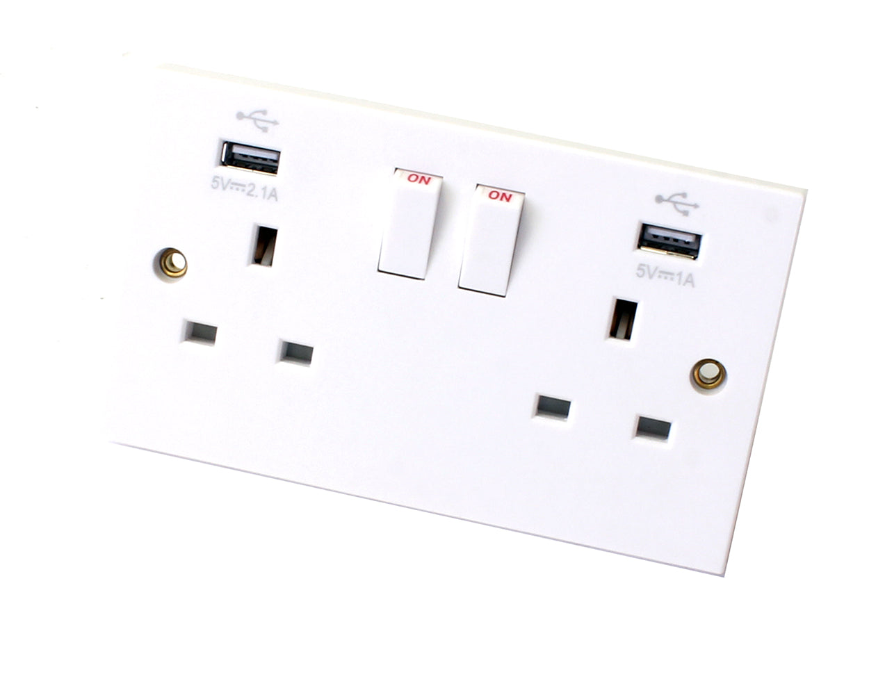 2 Gang Switched Double Socket Faceplate With 2 Usb Sockets White